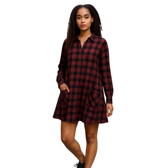 Lulus Blissful Weekend Burgundy Plaid Long Sleeve Shirt Dress Small Gorpcore - Picture 8 of 8